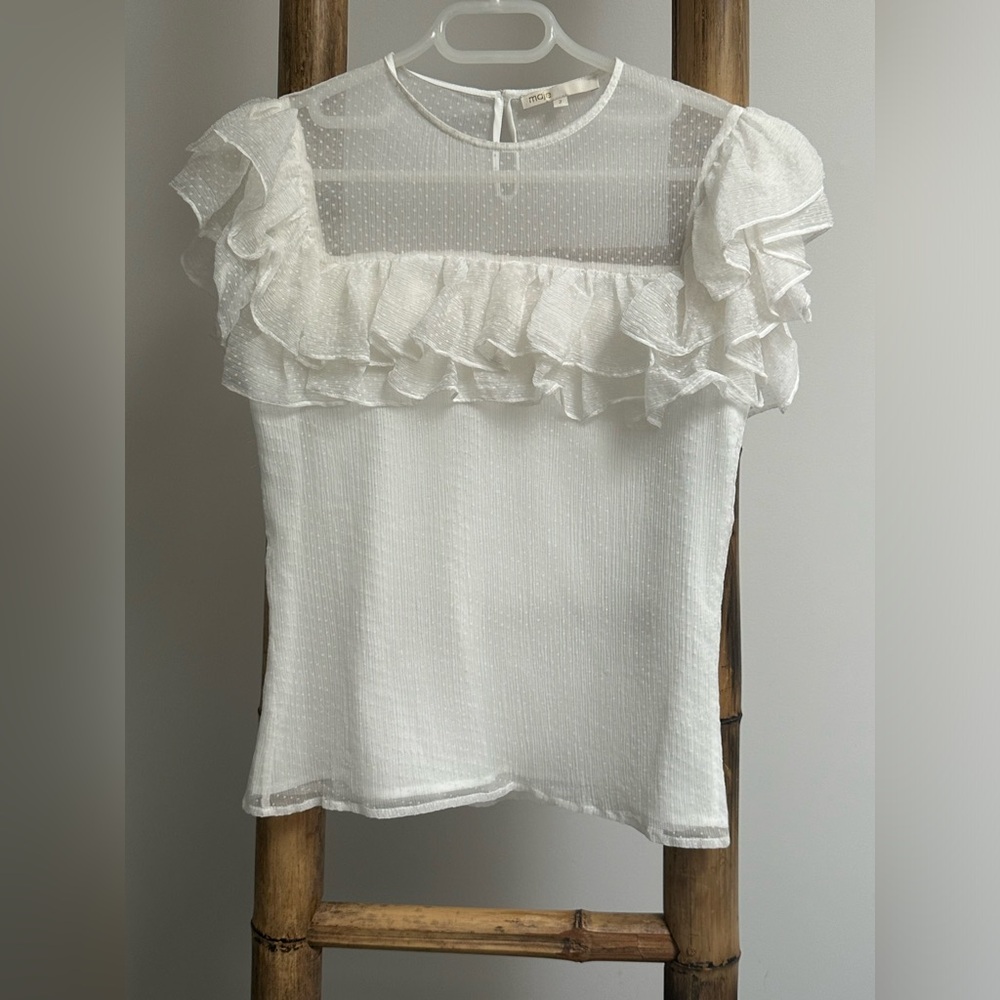 MAJE white color sheer dotted short sleeve lined ruffle silk in 2- like NEW